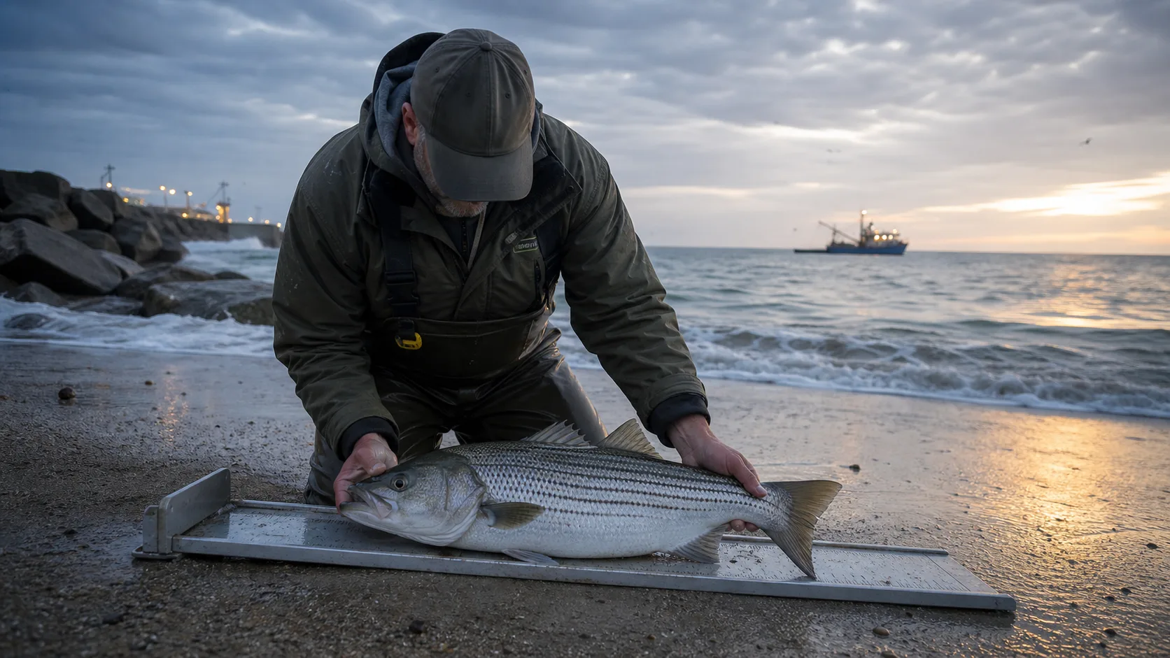 Surf angler measuring a striped bass on a wet Northeast beach with a commercial boat offshore