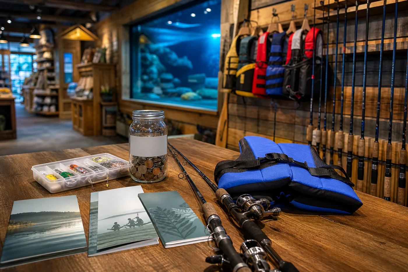 Logo-free outdoor outfitter-inspired scene with fishing starter gear, rods, life jacket, tackle tray, and conservation materials arranged inside a warm retail setting