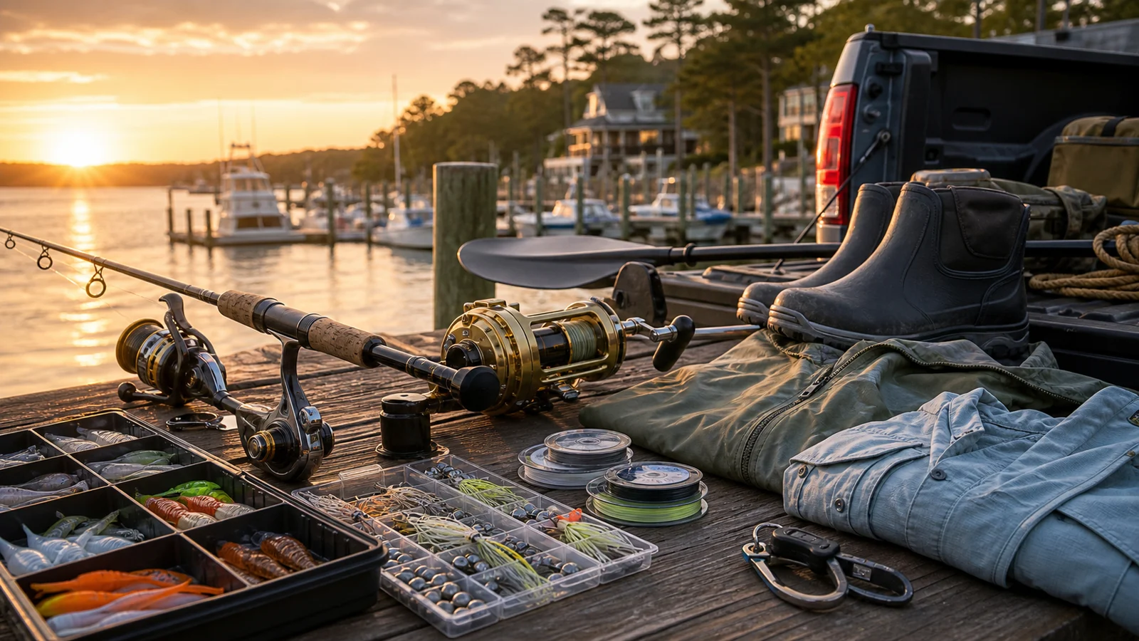Logo-free Northeast fishing gear system with rods, reels, tackle, apparel, boots, kayak paddle, and boat-day gear arranged at sunrise near a marina