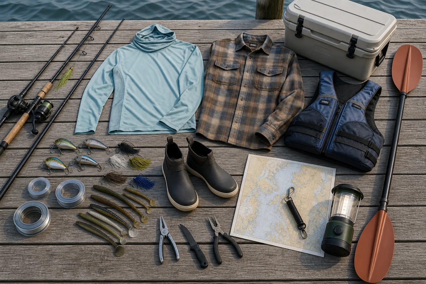 Logo-free product-line flatlay with fishing rods, lures, leader spools, apparel, boots, cooler, life jacket, kayak paddle, marine chart, and camping lantern on a dock