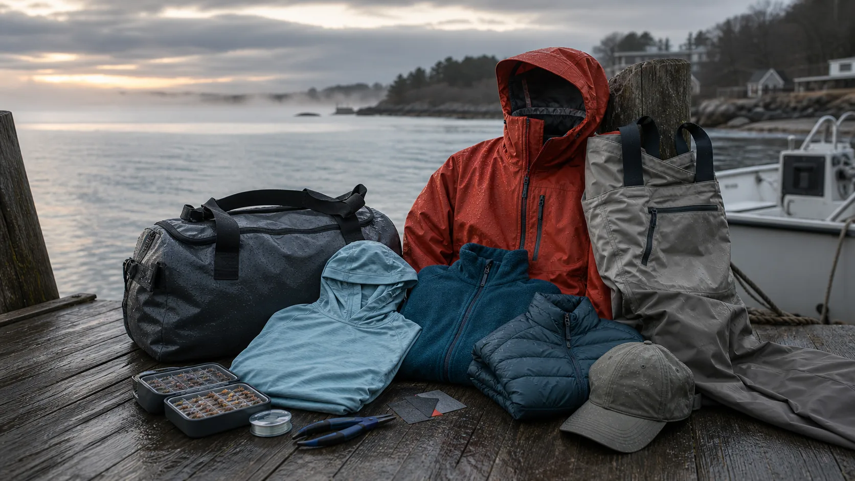 Logo-free Patagonia-inspired fishing layers, waders, rain shell, sun hoody, fleece, and duffel arranged on a Northeast dock