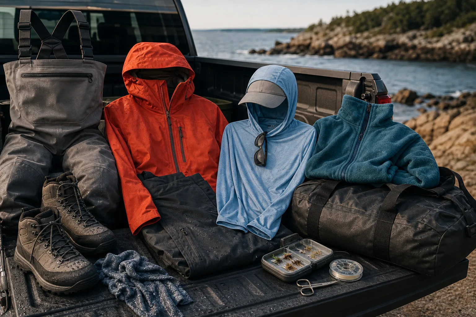 Logo-free technical fishing product system with waders, rain shell, sun hoody, fleece, boots, duffel, and fly boxes on a coastal truck tailgate