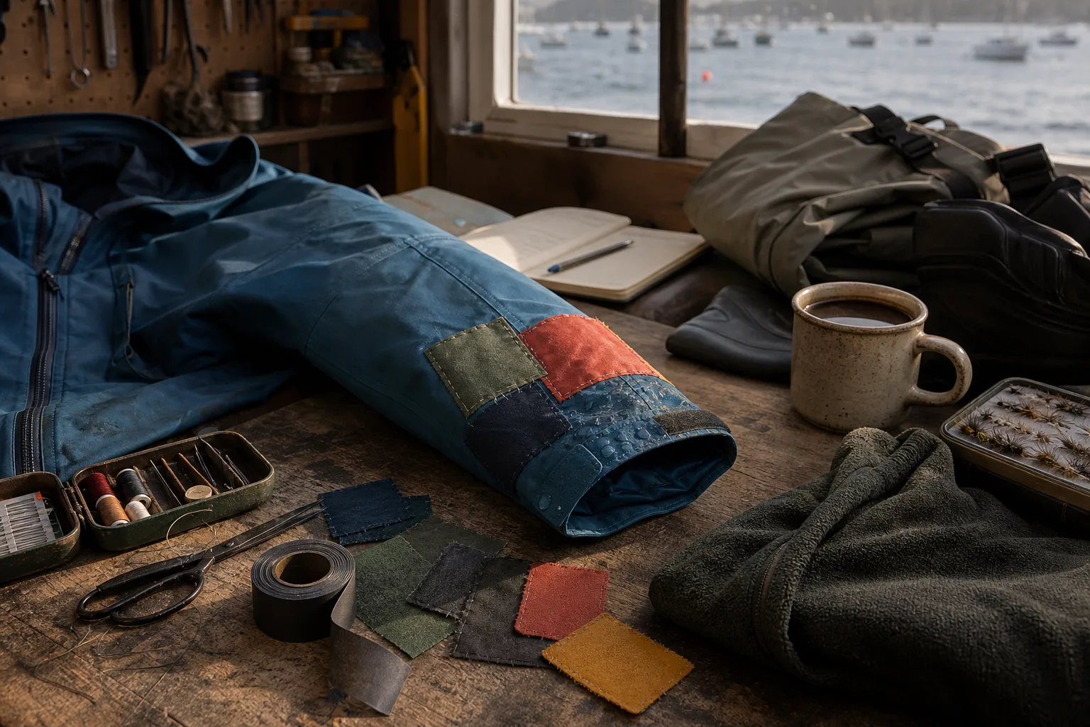 Logo-free repaired technical jacket sleeve with colorful fabric patches, sewing kit, waders, fleece, and fly box on a coastal gear-room workbench
