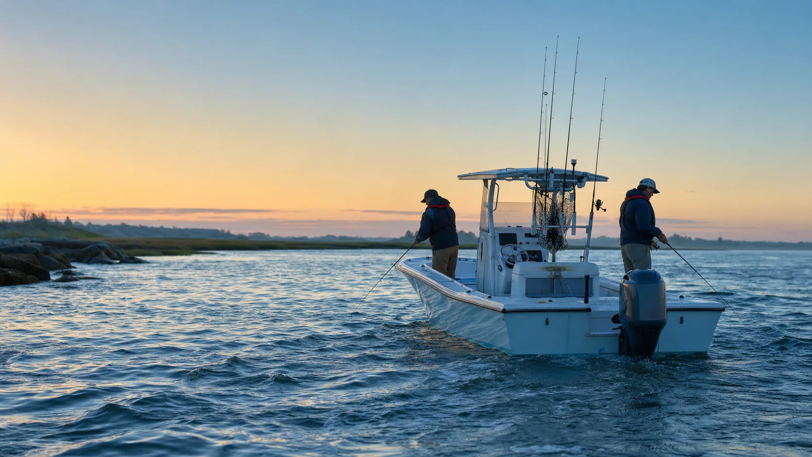 Two Northeast boat anglers wearing life jackets work bucktails during a controlled dawn drift