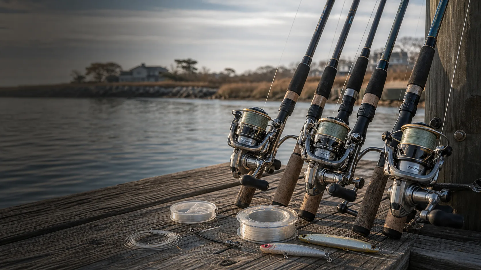 Saltwater rods and reels beside tackle
