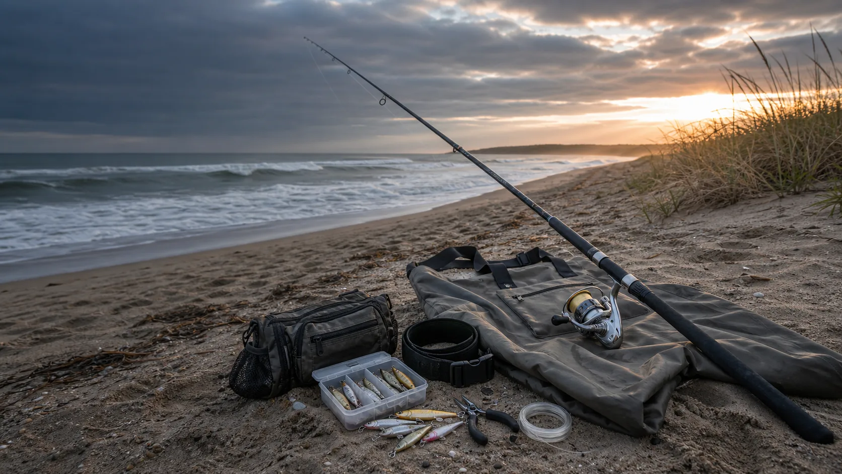 Surf fishing rod and gear near breaking waves