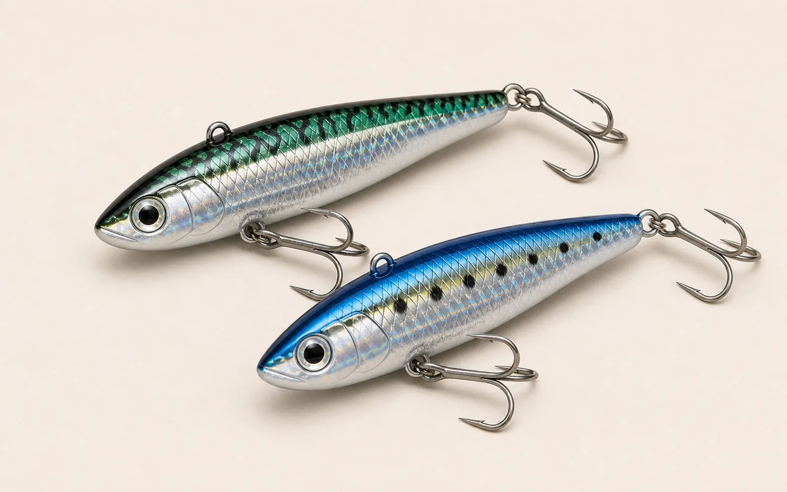 Compact baitfish-shaped hard casting lures with silver and green finishes and treble hooks