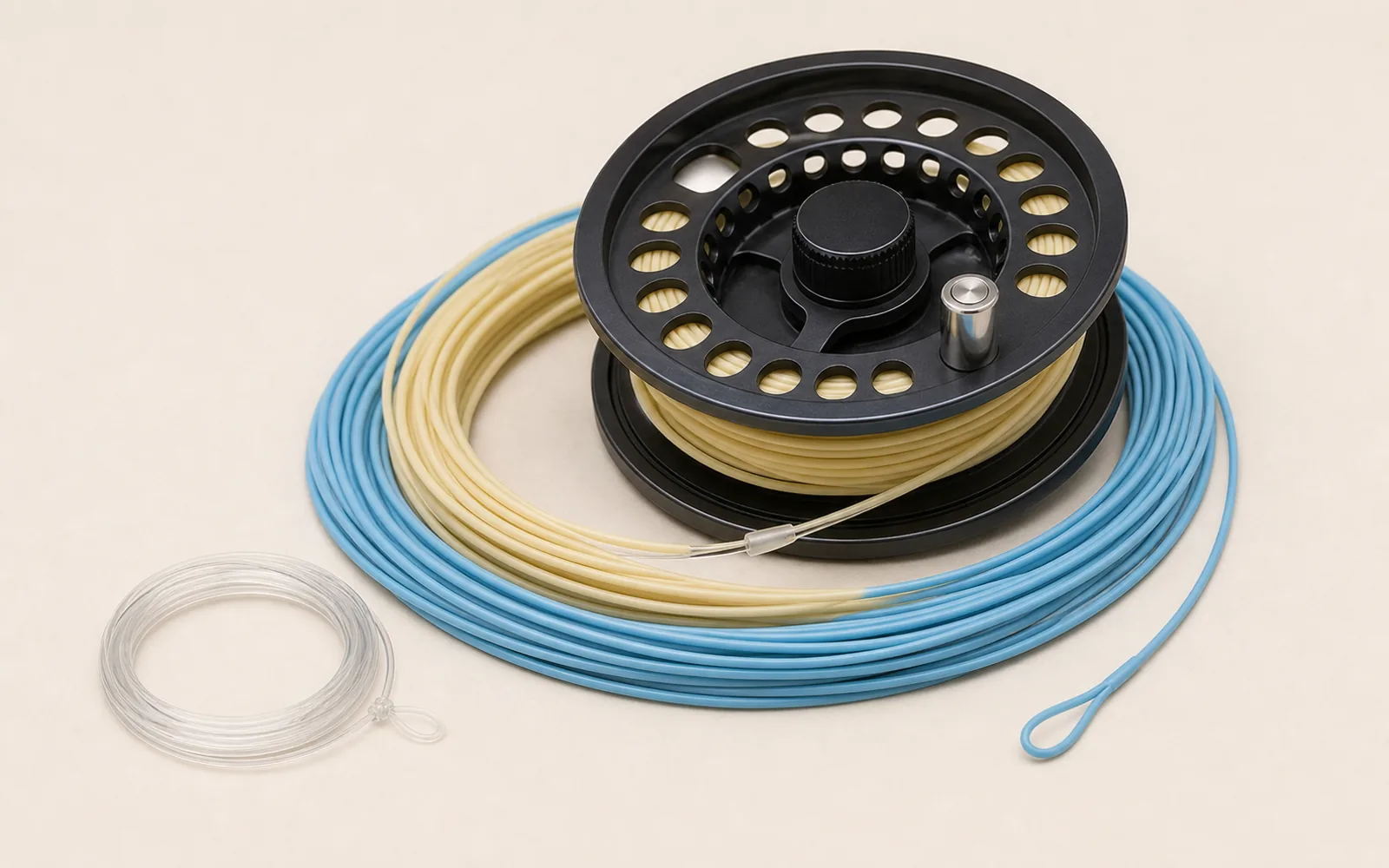 Saltwater fly reel spool with coiled blue and yellow fly line and clear leader loop