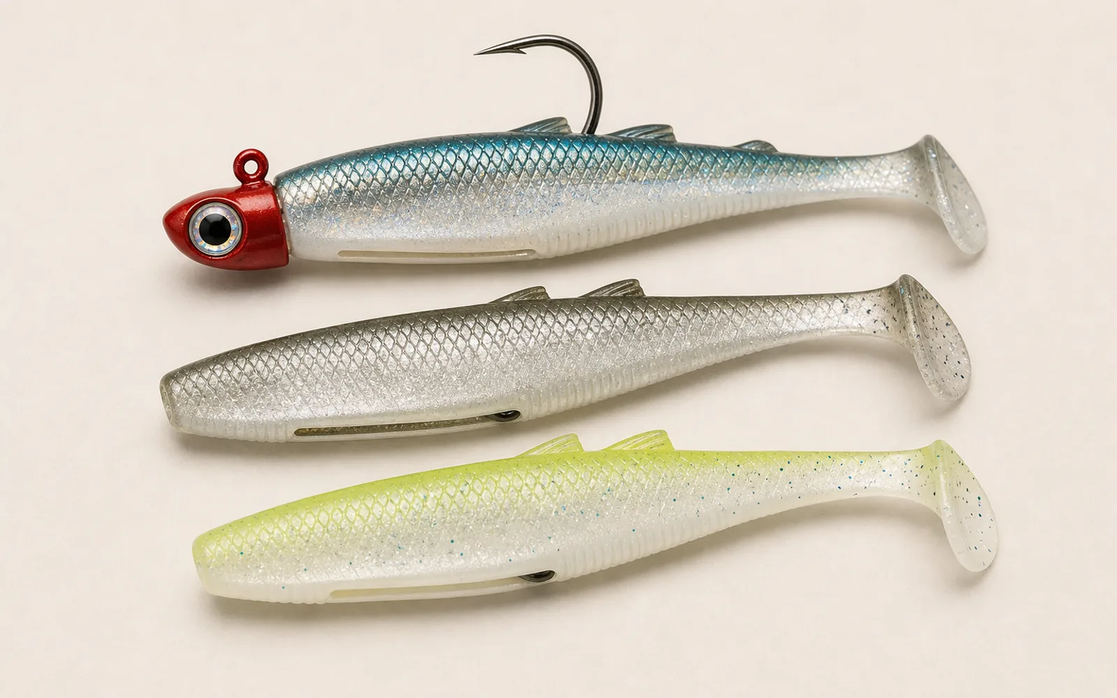 Translucent pearl and chartreuse paddle-tail minnow soft plastics with jigheads
