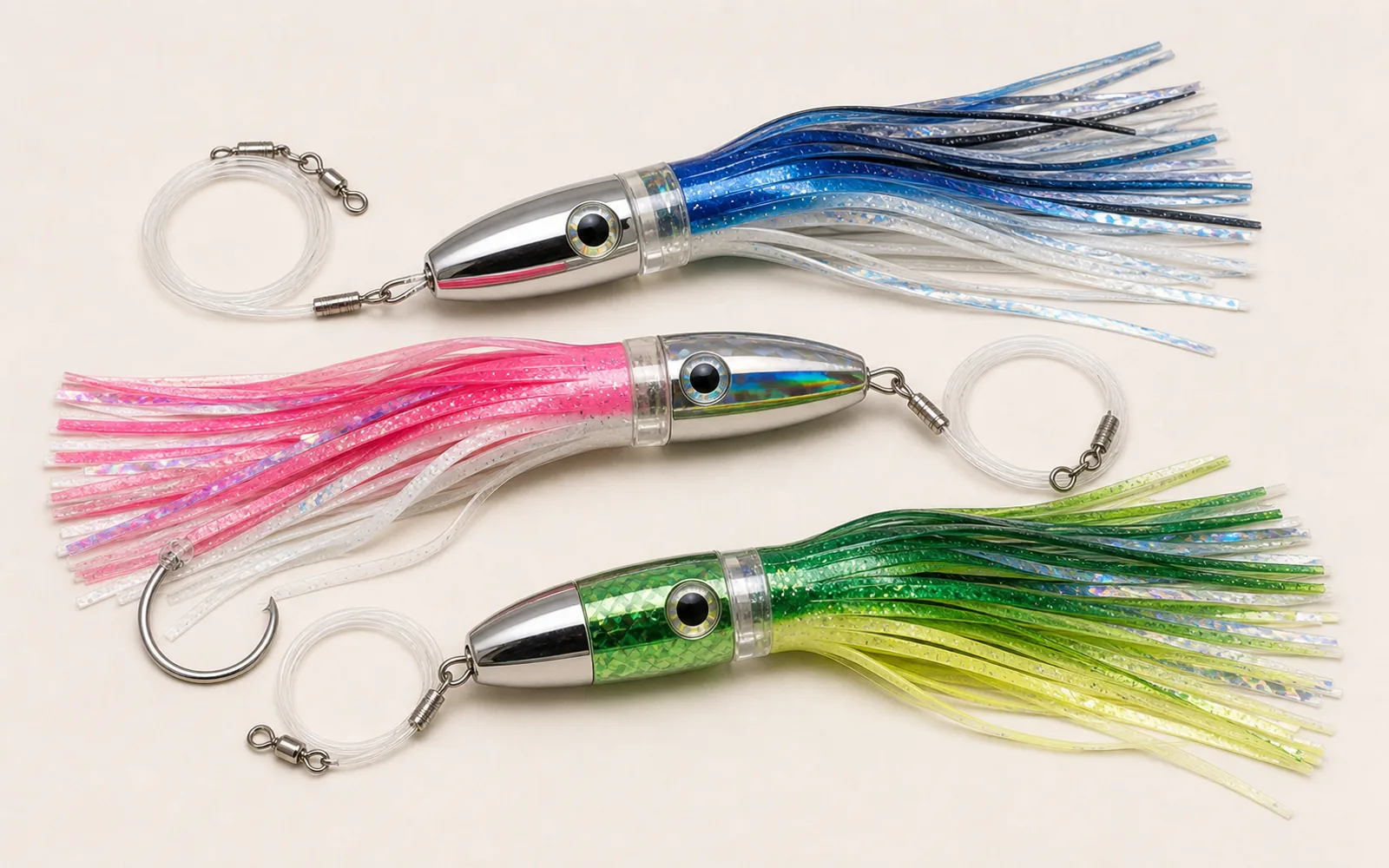 Large skirted tuna teasers with bullet heads, bright skirts, swivels, and heavy leader coil