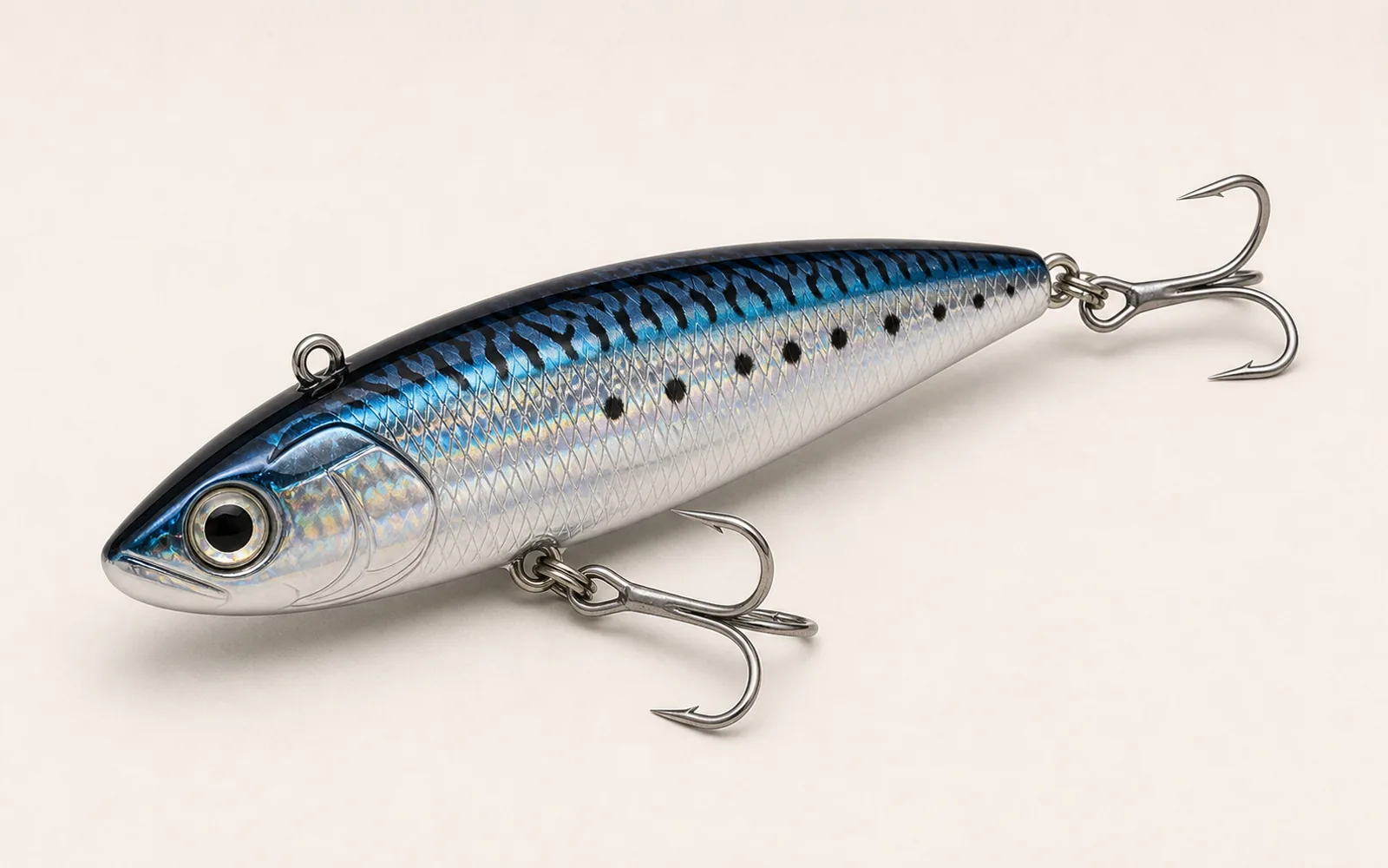 Oversized blue and silver offshore tuna casting lure with heavy-duty split rings and treble hooks