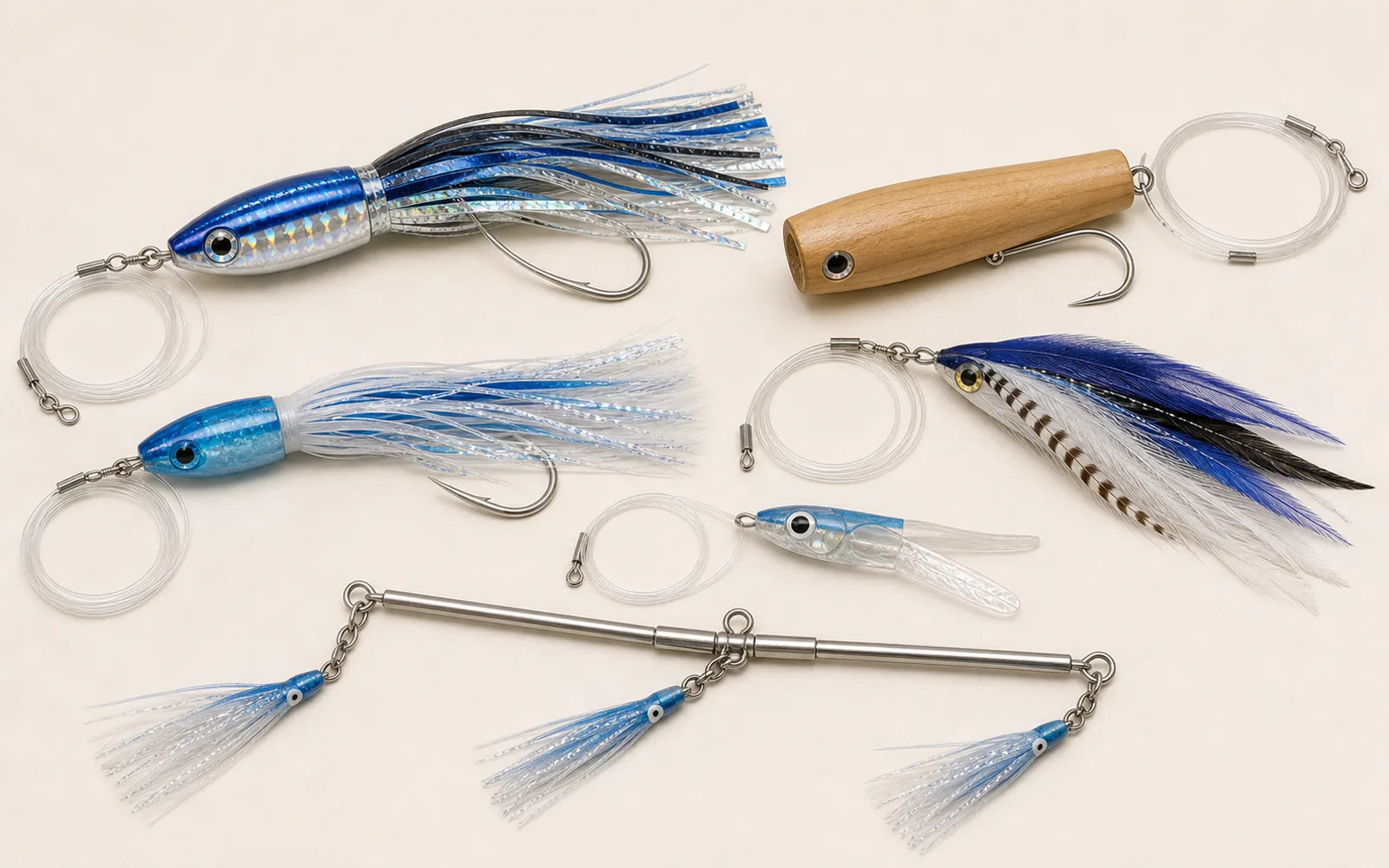 Offshore trolling lures and spreader bar pieces with colorful skirts and teaser chains