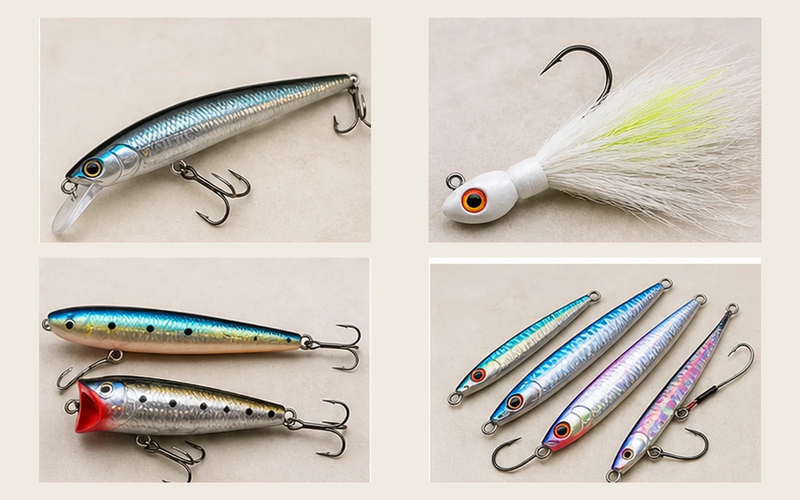 Assorted surf fishing lures, bucktail, topwater plug, and metal casting jigs