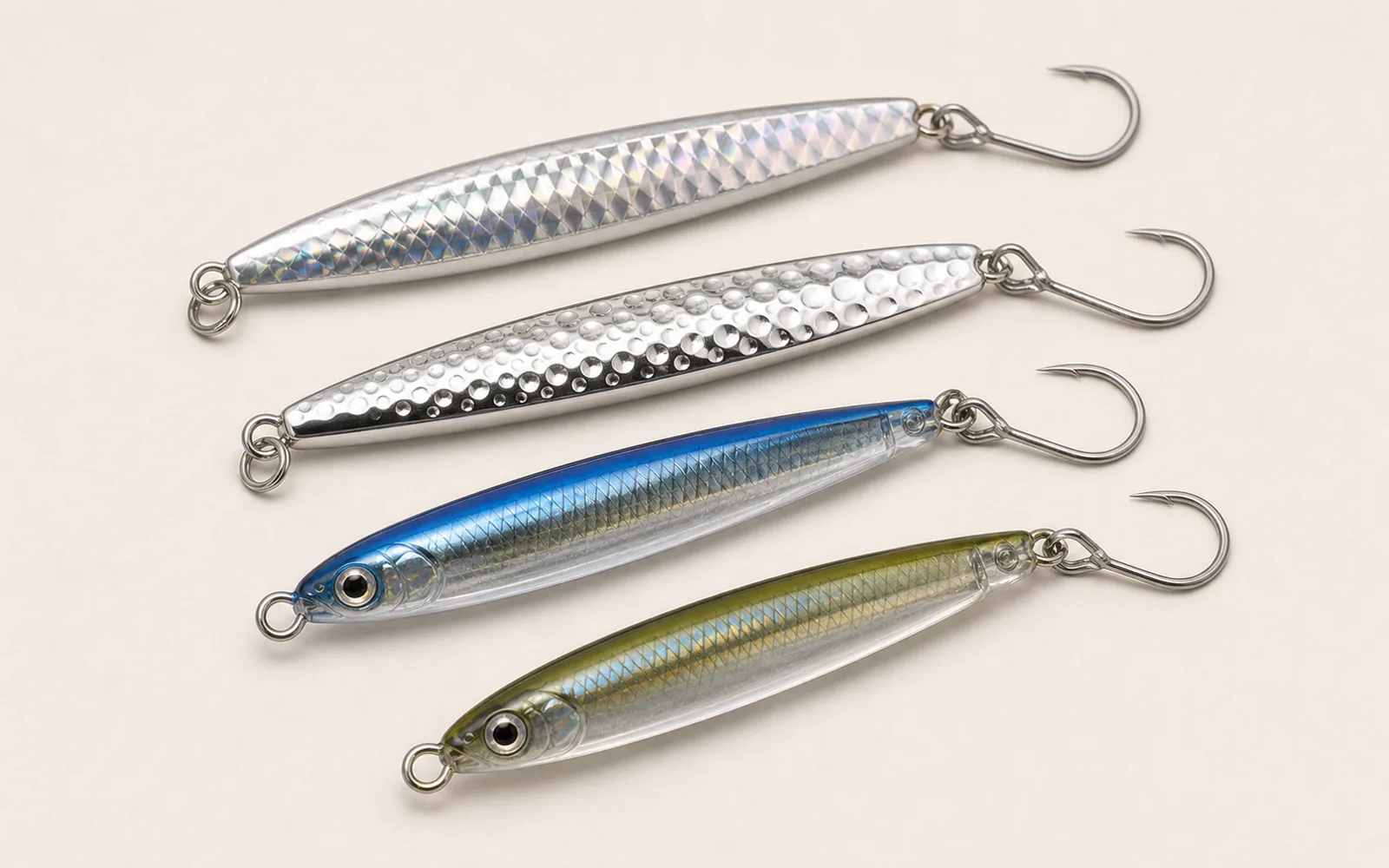 Slim reflective metal tins and epoxy casting jigs with single hooks for distance casting
