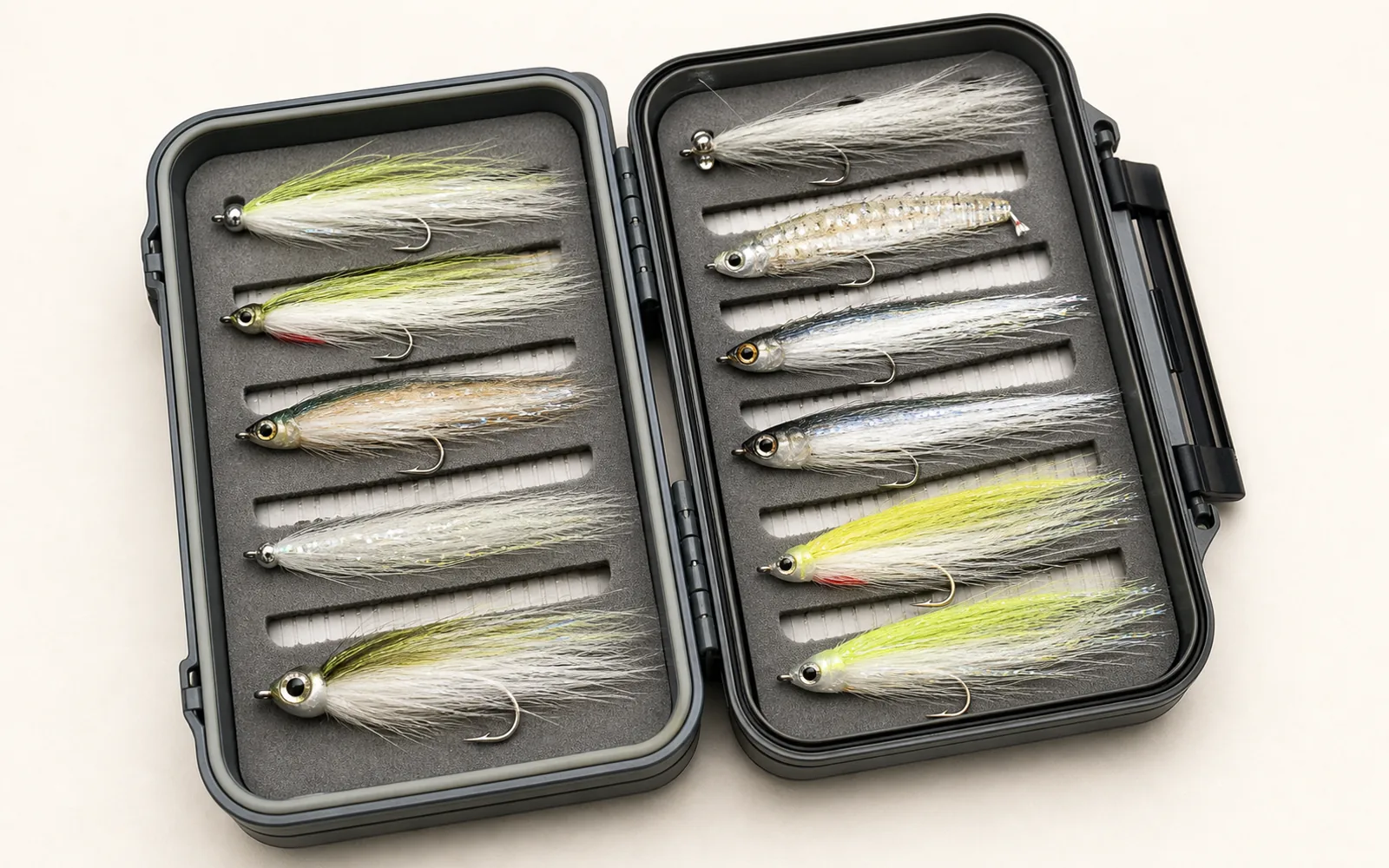 Open saltwater fly box with sparse baitfish flies, sand eel patterns, and brighter albie flies