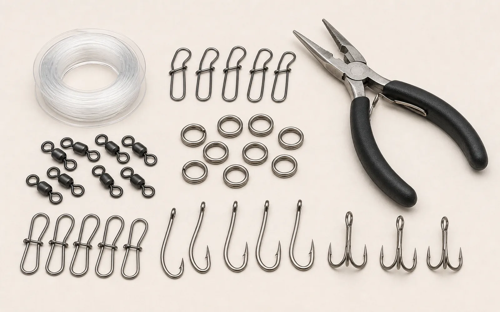 Surf terminal tackle restock kit with leader spool, clips, swivels, split rings, hooks, and pliers