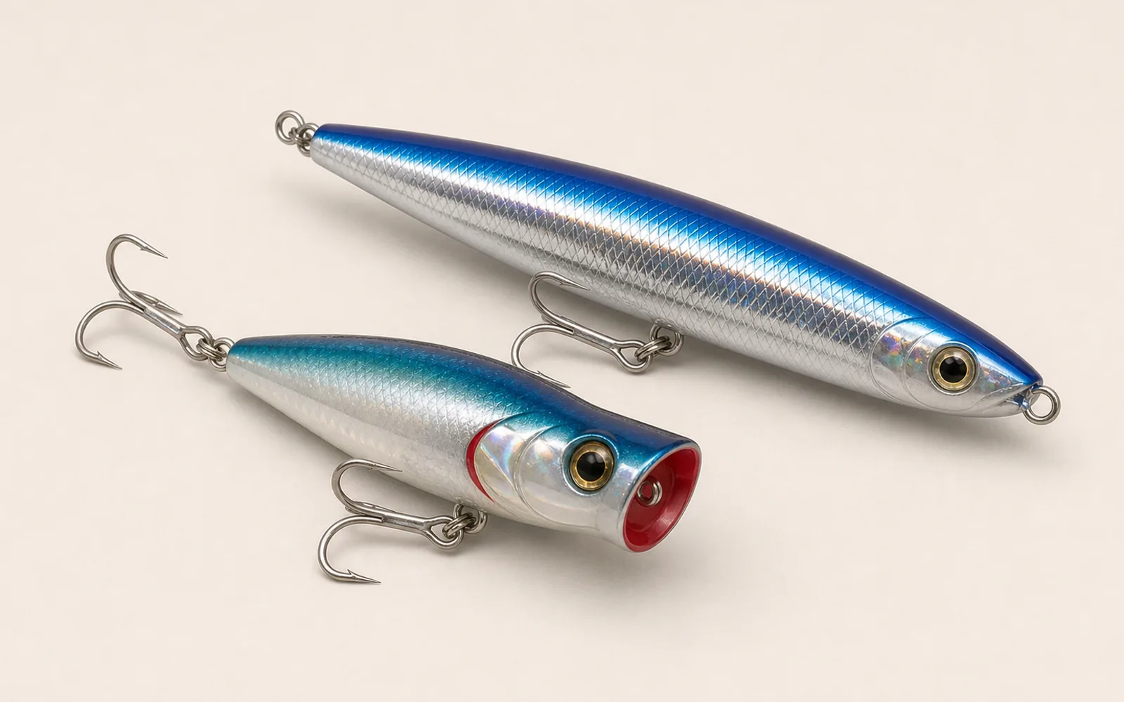 Pencil popper and cupped-face topwater plug with treble hooks in blue and silver saltwater finishes