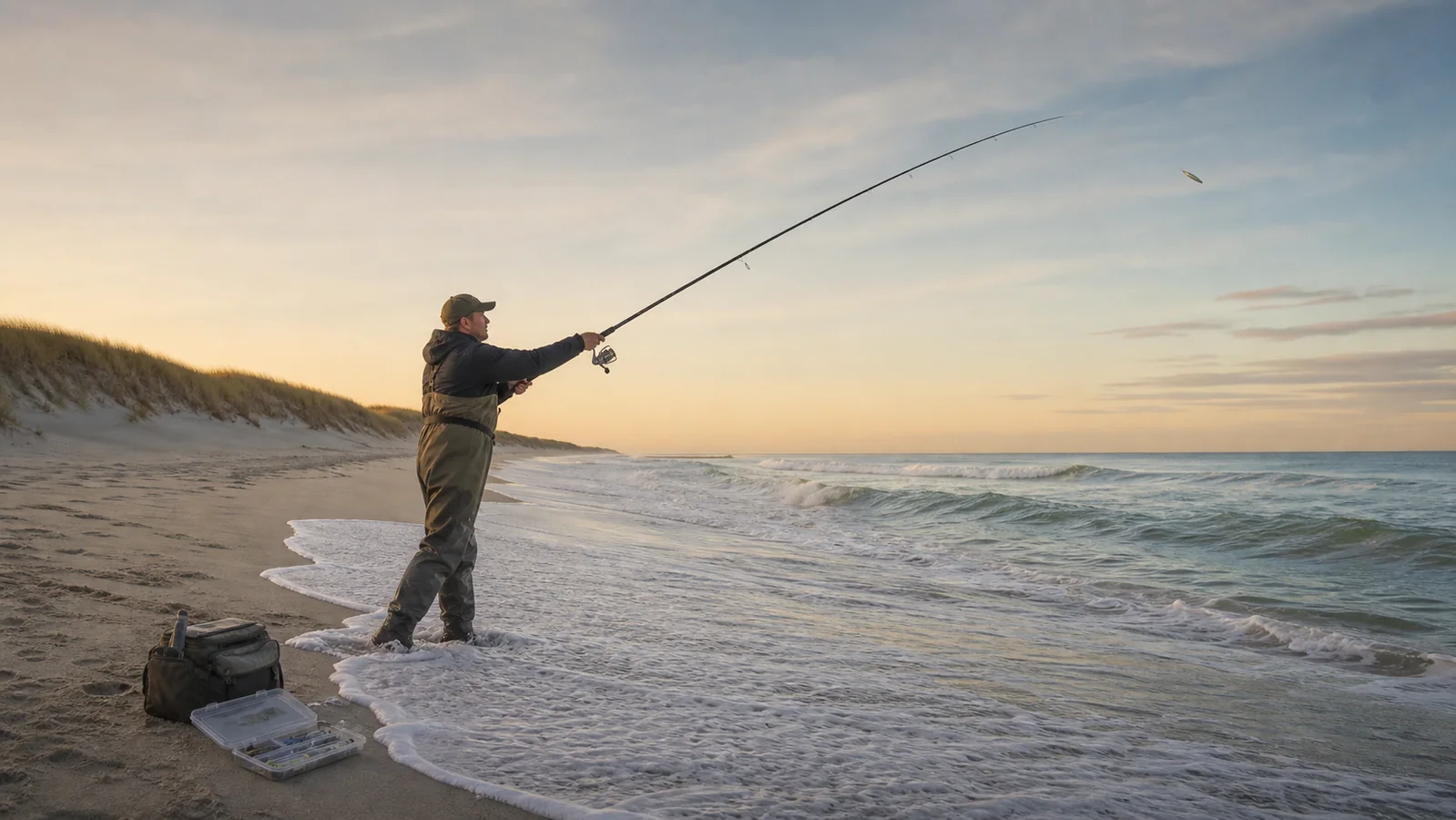 Generated image of a surf angler casting at Island Beach State Park