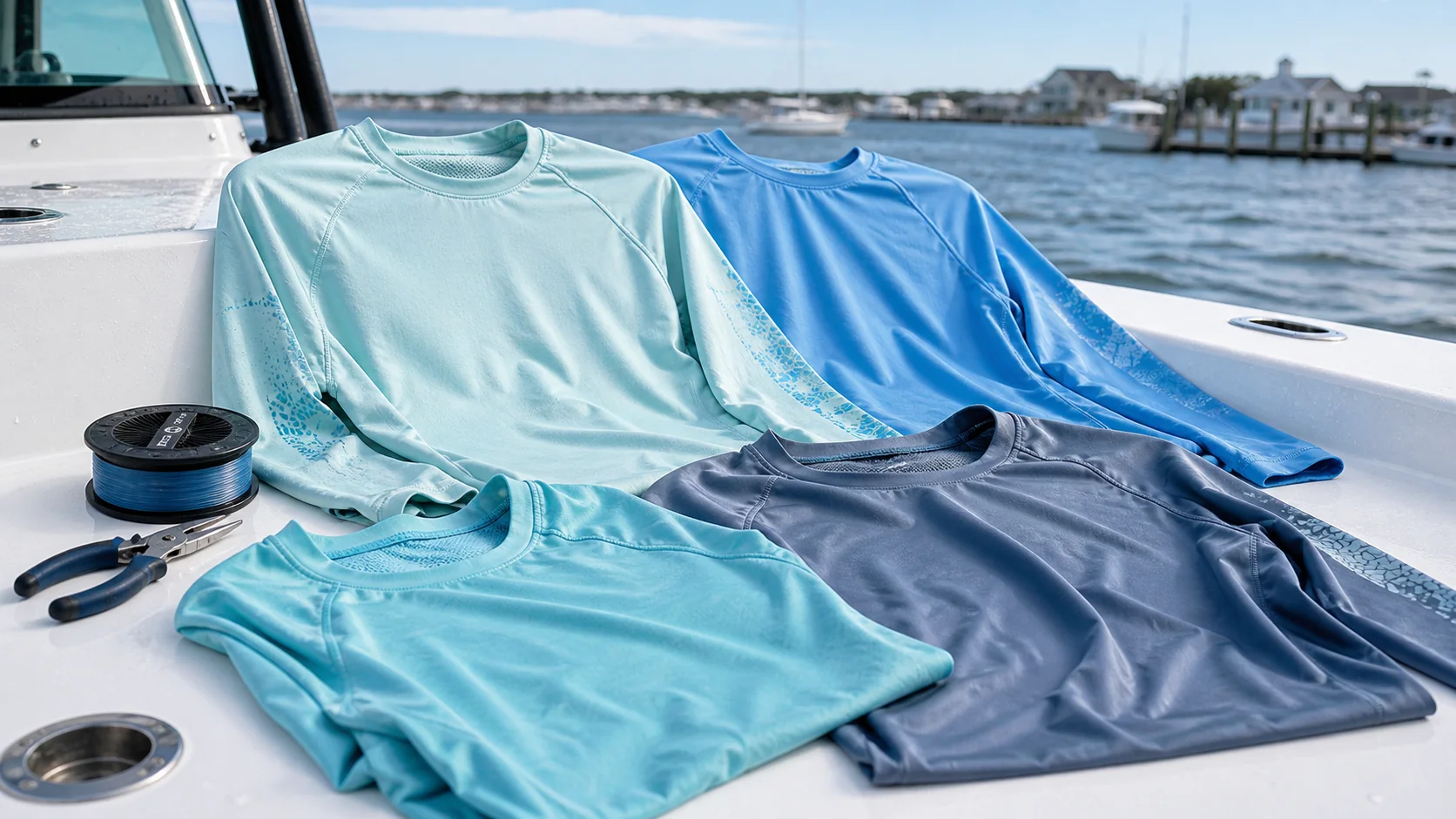 Logo-free technical fishing shirts arranged on a boat deck with pliers and leader spool