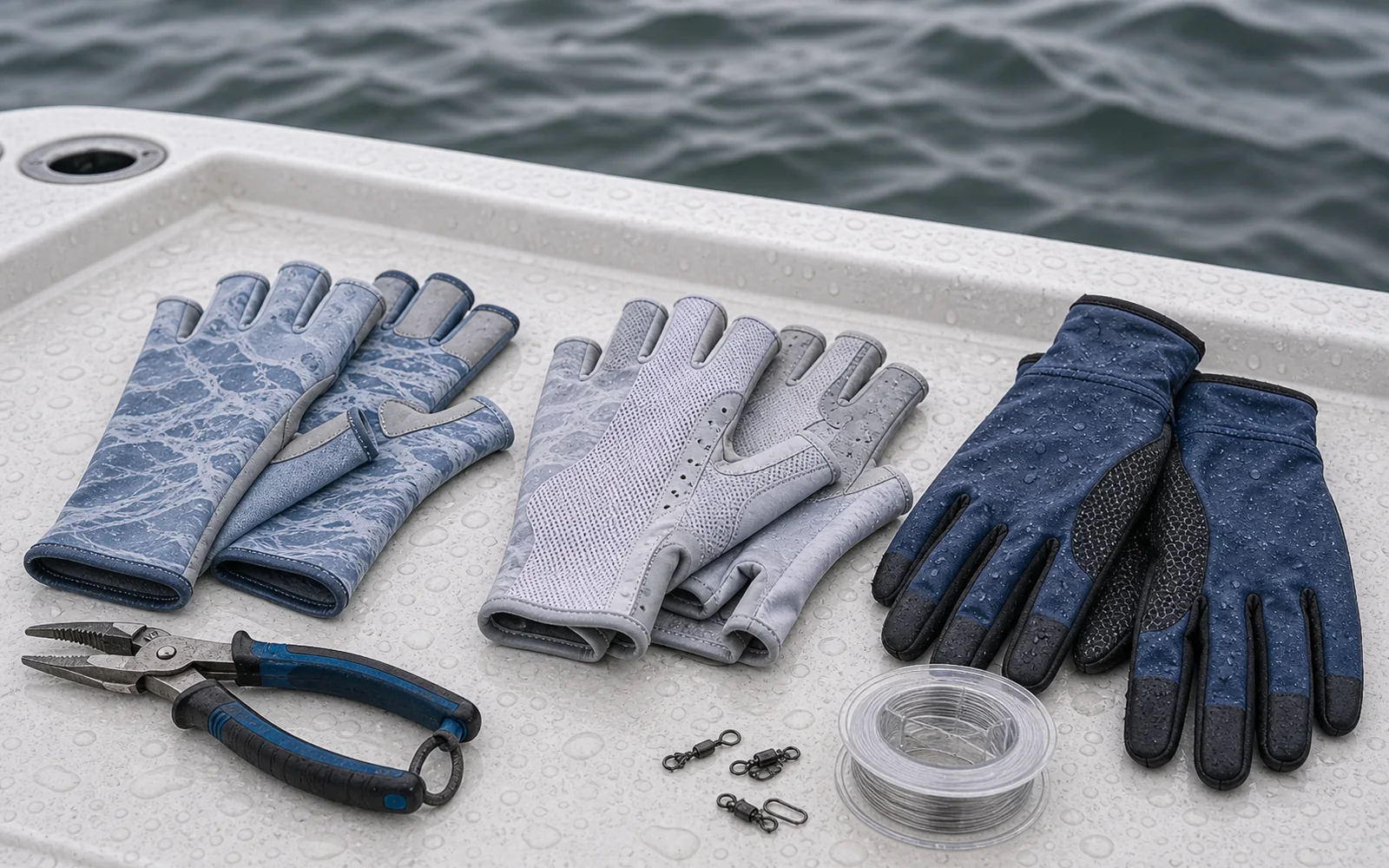 Fishing gloves, pliers, and leader spool arranged on a wet boat deck