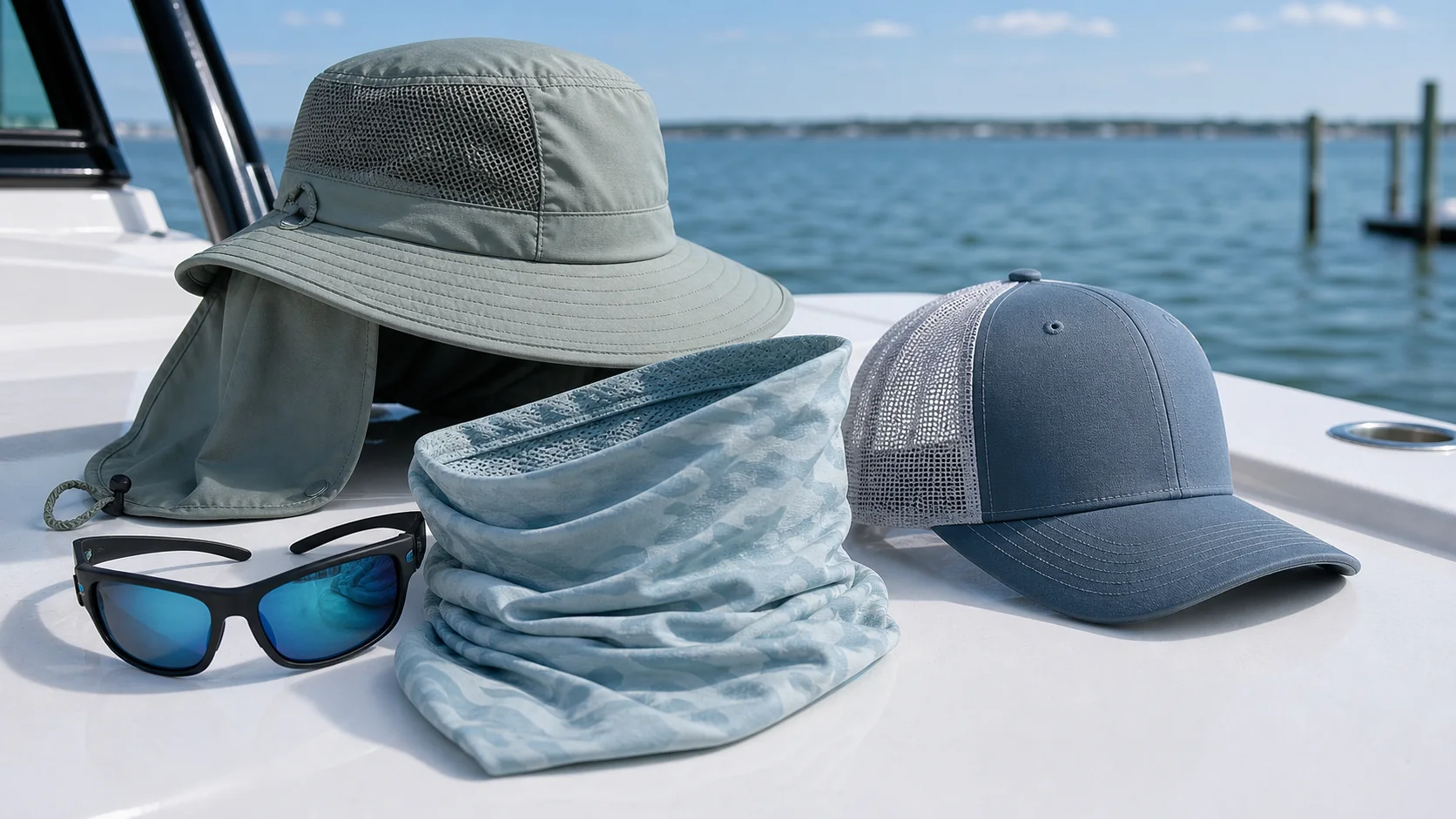 Logo-free fishing hat, cap, face mask, and sunglasses arranged on a boat deck