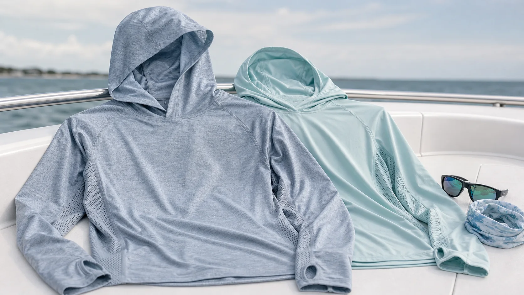 Logo-free hooded sun shirts with sunglasses and neck gaiter on a boat deck