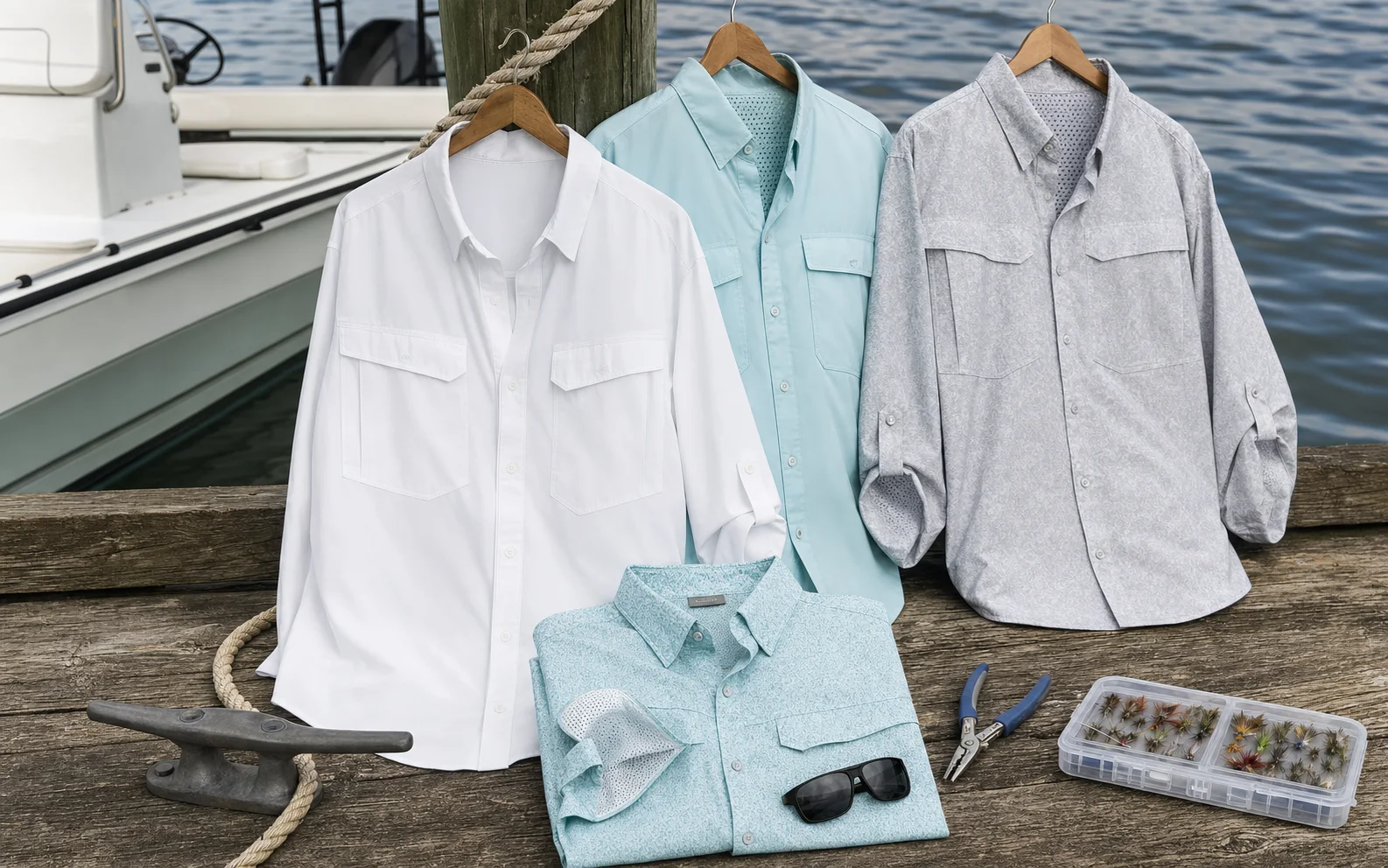 Logo-free vented technical button-down fishing shirts with sunglasses and tackle on a coastal dock