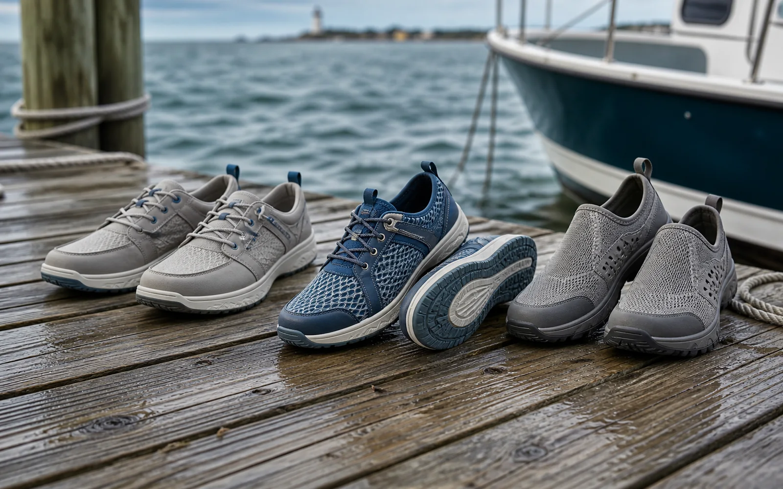 Fishing deck shoes and water-ready footwear on a marina dock
