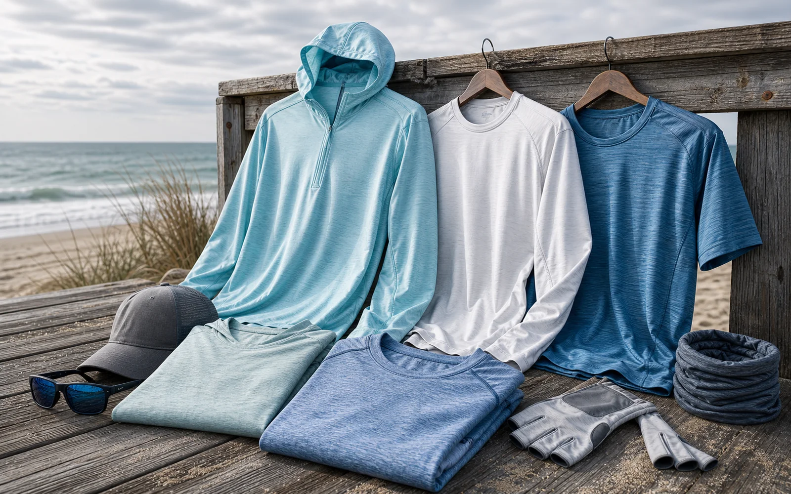 Performance fishing shirts and sun layers arranged on a Northeast coastal dock