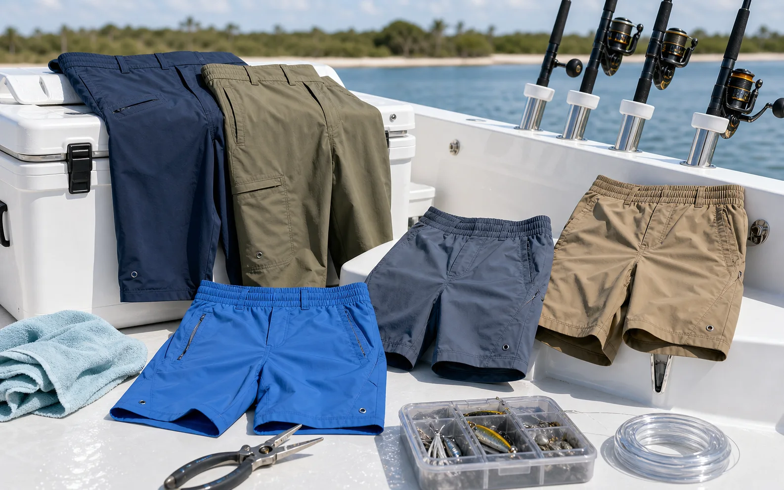 Logo-free quick-dry fishing shorts and lightweight bottoms arranged on a center-console boat deck