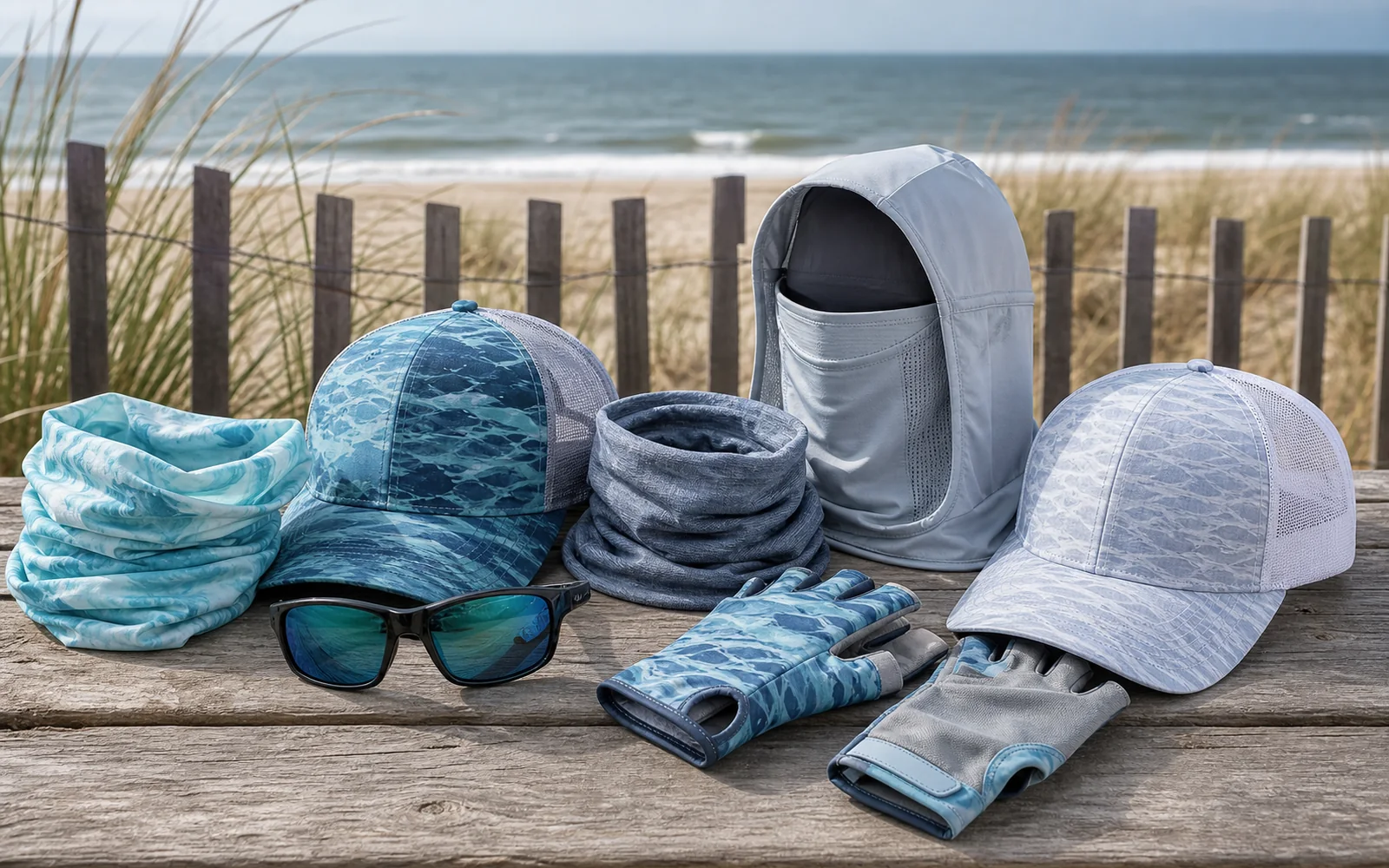 Fishing hats, neck gaiters, sunglasses, and sun-protection accessories near the beach