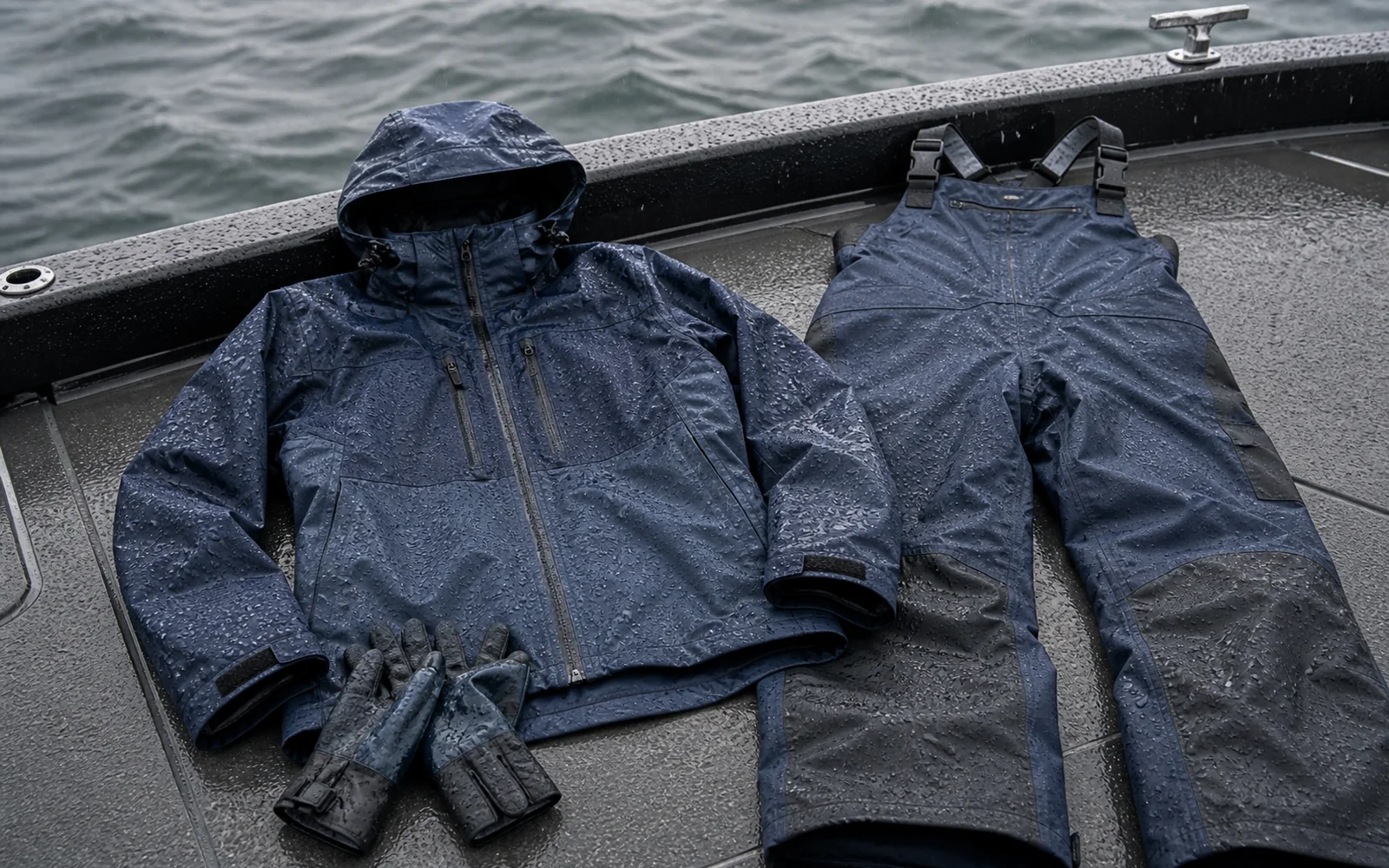 Fishing rain jacket and bibs laid out on a wet boat deck