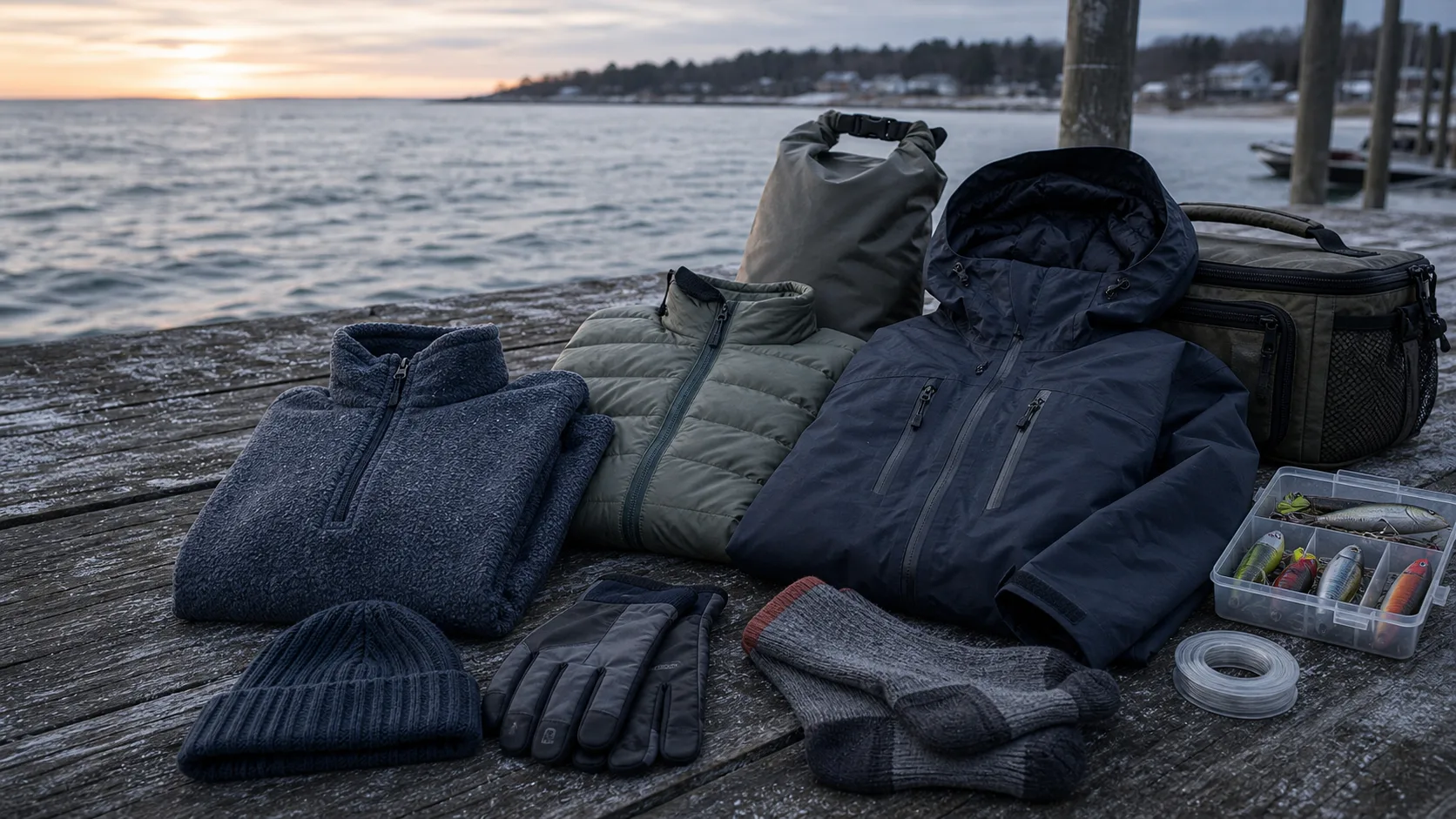 Logo-free fleece, insulated layer, shell jacket, beanie, gloves, socks, and fishing kit on a cold dock