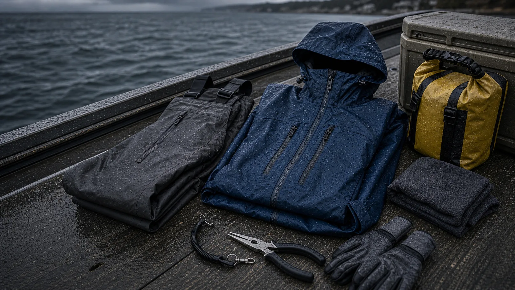 Logo-free fishing rain shell, rain pants, dry bag, gloves, and pliers on a wet boat deck