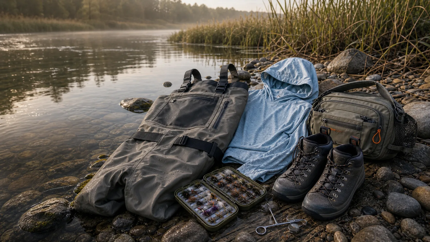 Logo-free fly fishing waders, wading boots, sun hoody, compact pack, fly box, and tools by a creek
