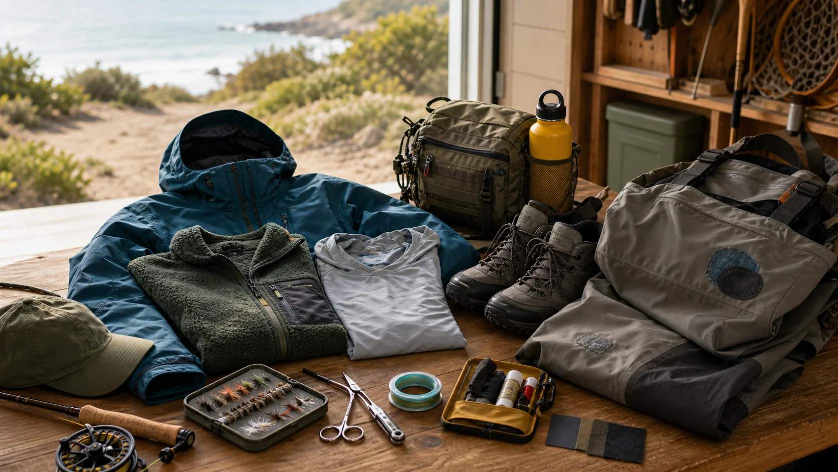 Logo-free durable shell, fleece, sun hoody, patched waders, boots, pack, repair kit, and fishing tools