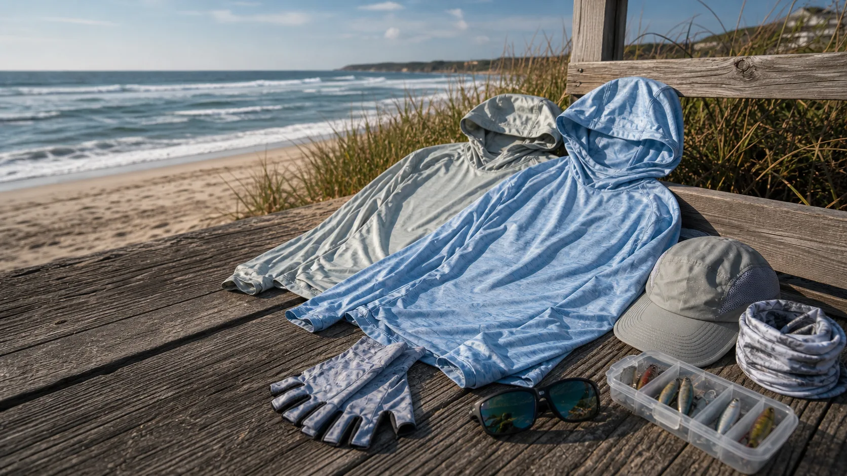 Logo-free hooded sun shirts, cap, gaiter, gloves, sunglasses, and lure box on a coastal boardwalk