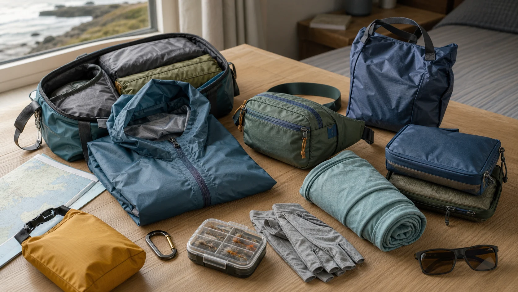 Logo-free packable rain shell, travel bag, hip pack, sun layer, gloves, sunglasses, and fly box