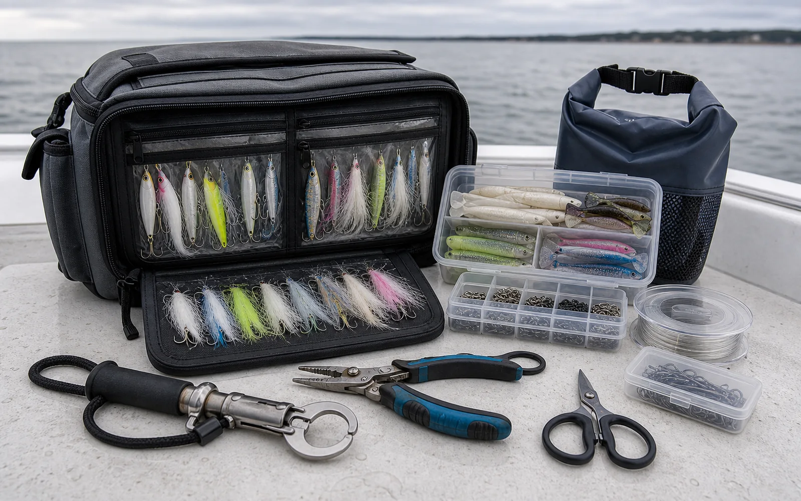 Illustration of tackle boxes, pliers, and fishing tools